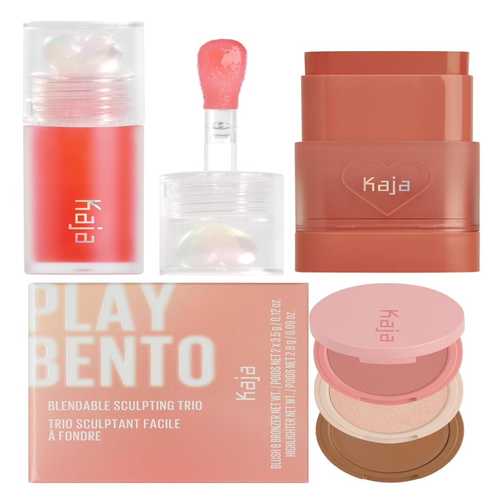 Kaja Juicy Glass Lip Plumping Oil 02 Raspberry Refresher + Dewy Bar - Creamy Multi-Stick Blusher & Lip Balm 05 Cranberry Cooler,10g + 3-in-1 Blendable Sculpting Trio - Play Bento 01 Butter Up Bundle