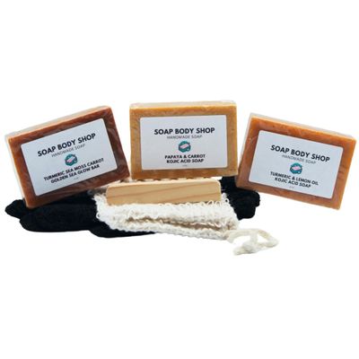 6-Piece Turmeric & Kojic Soap Bar Set, Papaya, Lemon, Sea Moss, Soap Saver, Exfoliating Glove, Soap Tray, Radiant Skin, Skin Care, Self-Care Gift, Handmade Turmeric Soap, Turmeric Skincare