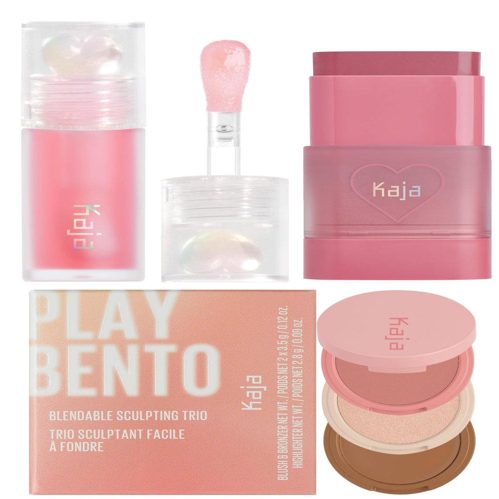 Kaja Juicy Glass Lip Oil 01 Rose Hip Spritz + Dewy Bar - Creamy Multi-Stick Blusher & Lip Balm 04 Fig Smoothie Sorbet,10g + 3-in-1 Blendable Sculpting Trio - Play Bento 01 Butter Up Bundle