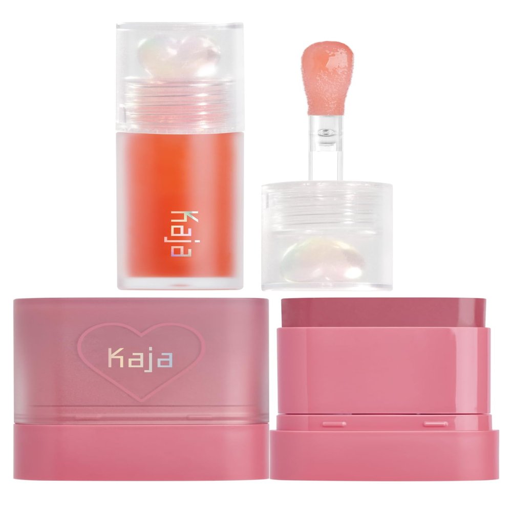 Kaja Juicy Glass Lip Plumping Oil 03 Apricot Allure + Dewy Bar - Creamy Multi-Stick Blusher & Lip Balm 04 Fig Smoothie Sorbet,10g Bundle