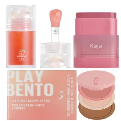 Kaja Juicy Glass Lip Plumping Oil 03 Apricot Allure + Dewy Bar - Creamy Multi-Stick Blusher & Lip Balm 04 Fig Smoothie Sorbet,10g + 3-in-1 Blendable Sculpting Trio - Play Bento 01 Butter Up Bundle