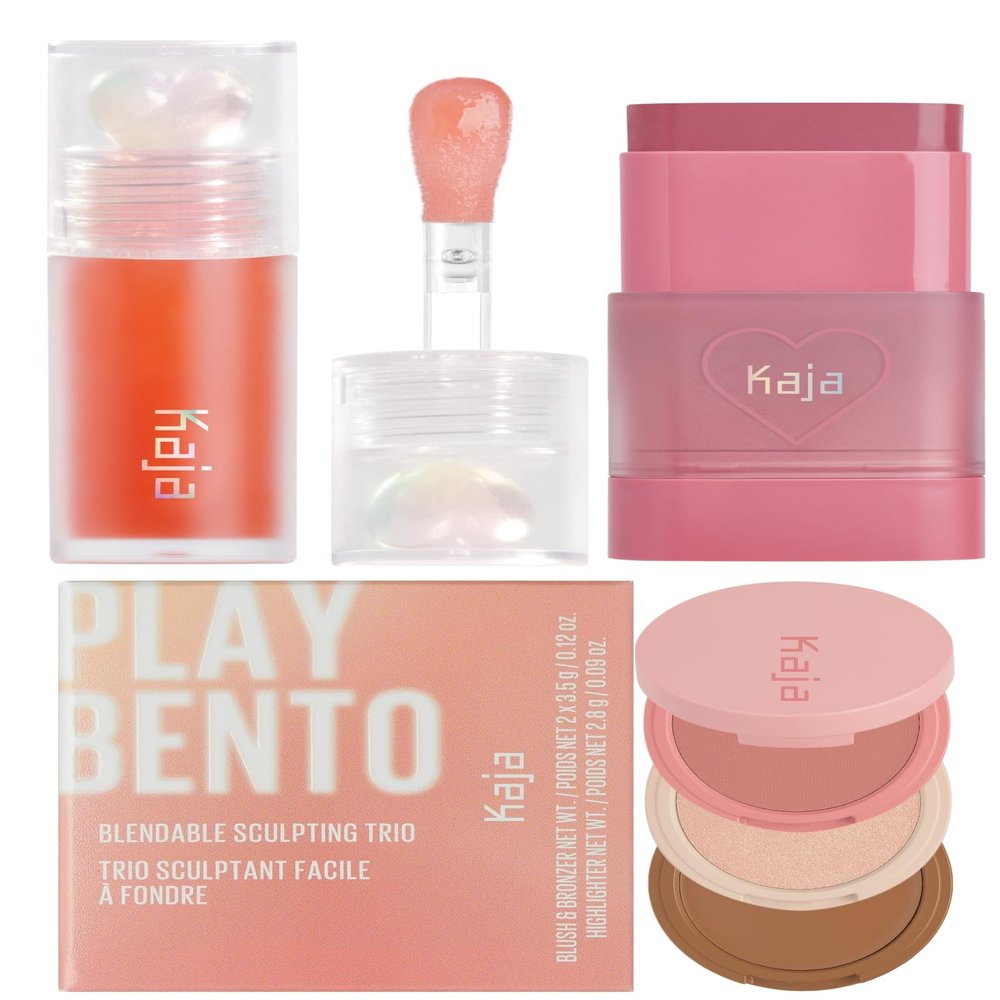 Kaja Juicy Glass Lip Plumping Oil 03 Apricot Allure + Dewy Bar - Creamy Multi-Stick Blusher & Lip Balm 04 Fig Smoothie Sorbet,10g + 3-in-1 Blendable Sculpting Trio - Play Bento 01 Butter Up Bundle