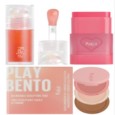 Kaja Juicy Glass Lip Plumping Oil 03 Apricot Allure + Dewy Bar - Creamy Multi-Stick Blusher & Lip Balm 02 Strawberry Sorbet,10g + 3-in-1 Blendable Sculpting Trio - Play Bento 01 Butter Up Bundle