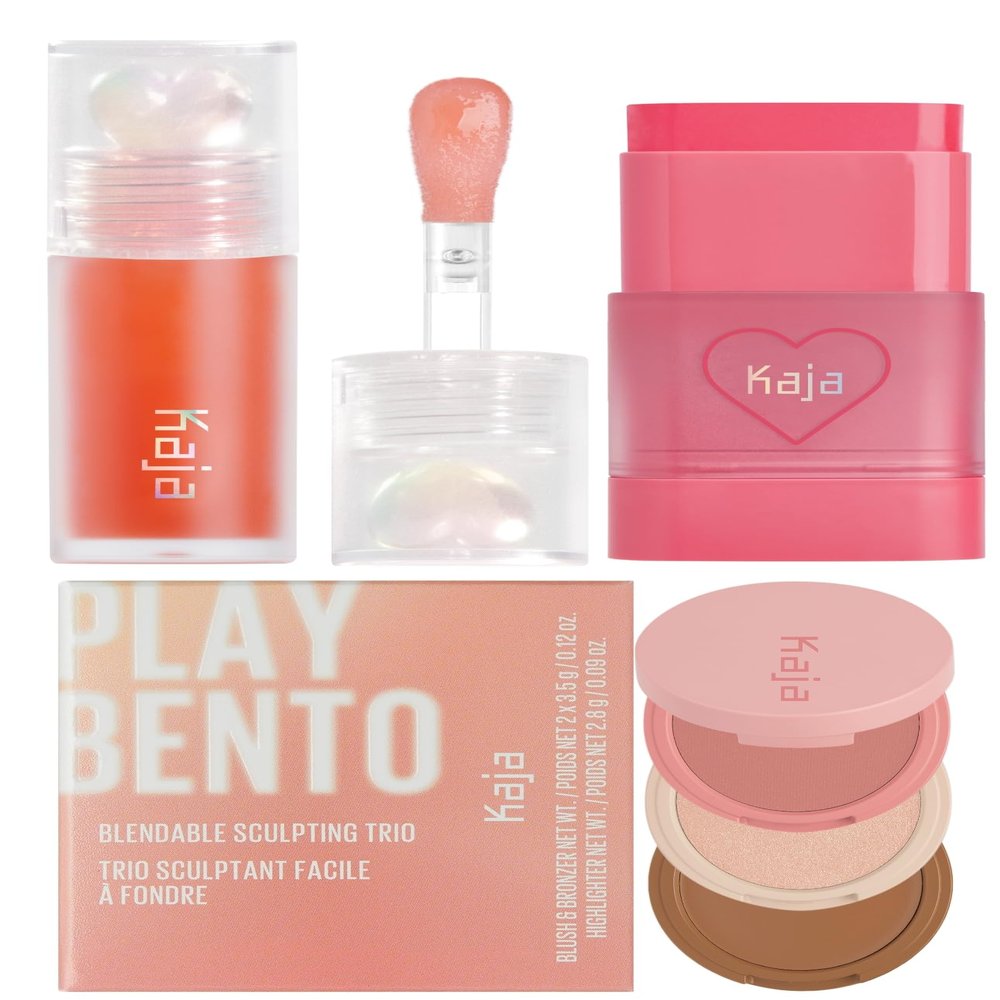 Kaja Juicy Glass Lip Plumping Oil 03 Apricot Allure + Dewy Bar - Creamy Multi-Stick Blusher & Lip Balm 02 Strawberry Sorbet,10g + 3-in-1 Blendable Sculpting Trio - Play Bento 01 Butter Up Bundle