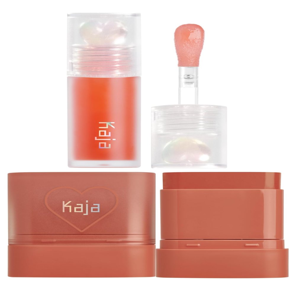 Kaja Juicy Glass Lip Plumping Oil 03 Apricot Allure + Dewy Bar - Creamy Multi-Stick Blusher & Lip Balm 05 Cranberry Cooler,10g Bundle