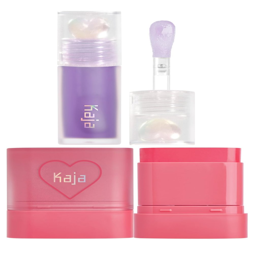 Kaja Juicy Glass Lip Plumping Oil 04 Grape Glowtini + Dewy Bar - Creamy Multi-Stick Blusher & Lip Balm 02 Strawberry Sorbet,10g Bundle