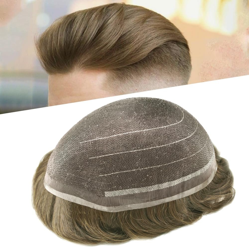 Hair Wonders Mens Hair System Human Hair Full Welded Lace Hair Pieces for Men Toupee Breathable Toupee Hair for Men Natural Hairline 8x10#1840#18 Medium Blonde+40% Grey 90% Light Density