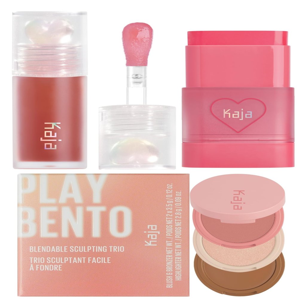 Kaja Juicy Glass Lip Plumping Oil 05 Plum Paloma + Dewy Bar - Creamy Multi-Stick Blusher & Lip Balm 02 Strawberry Sorbet,10g + 3-in-1 Blendable Sculpting Trio - Play Bento 01 Butter Up Bundle