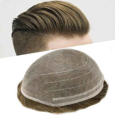 Mens Toupee Lace Hair System Toupee for Men Hairpieces Human Hair Replacement Systems Fine Welded Lace Mens Toupee Hairpiece for Men Breathable 8x10#530#5 Medium Light Brown+30% Grey 110% Density