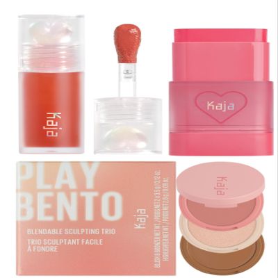 Kaja Juicy Glass Lip Plumping Oil 06 Apple Cider + Dewy Bar - Creamy Multi-Stick Blusher & Lip Balm 02 Strawberry Sorbet,10g + 3-in-1 Blendable Sculpting Trio - Play Bento 01 Butter Up Bundle