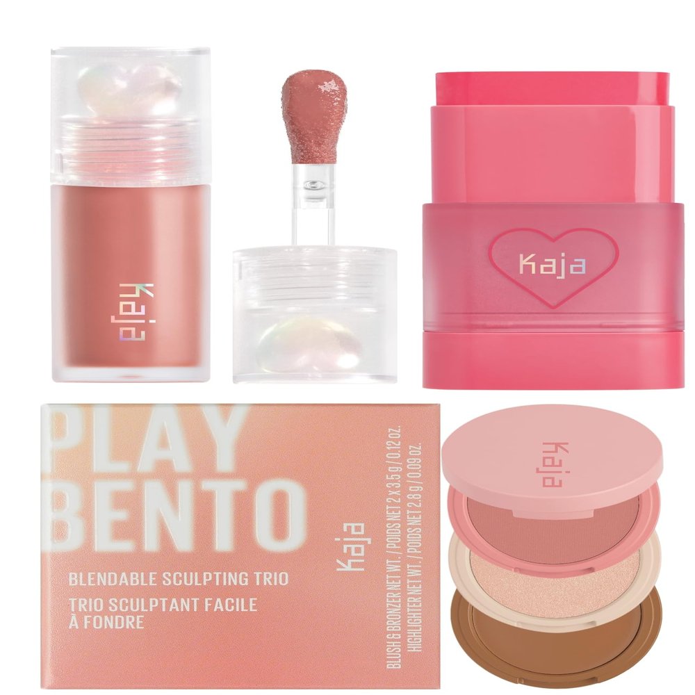 Kaja Juicy Glass Lip Plumping Oil 07 Fig Smoothie + Dewy Bar - Creamy Multi-Stick Blusher & Lip Balm 02 Strawberry Sorbet,10g + 3-in-1 Blendable Sculpting Trio - Play Bento 01 Butter Up Bundle