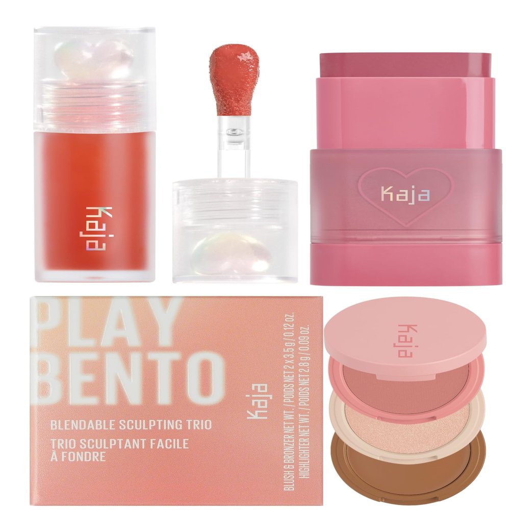 Kaja Juicy Glass Lip Plumping Oil 06 Apple Cider + Dewy Bar - Creamy Multi-Stick Blusher & Lip Balm 04 Fig Smoothie Sorbet,10g + 3-in-1 Blendable Sculpting Trio - Play Bento 01 Butter Up Bundle