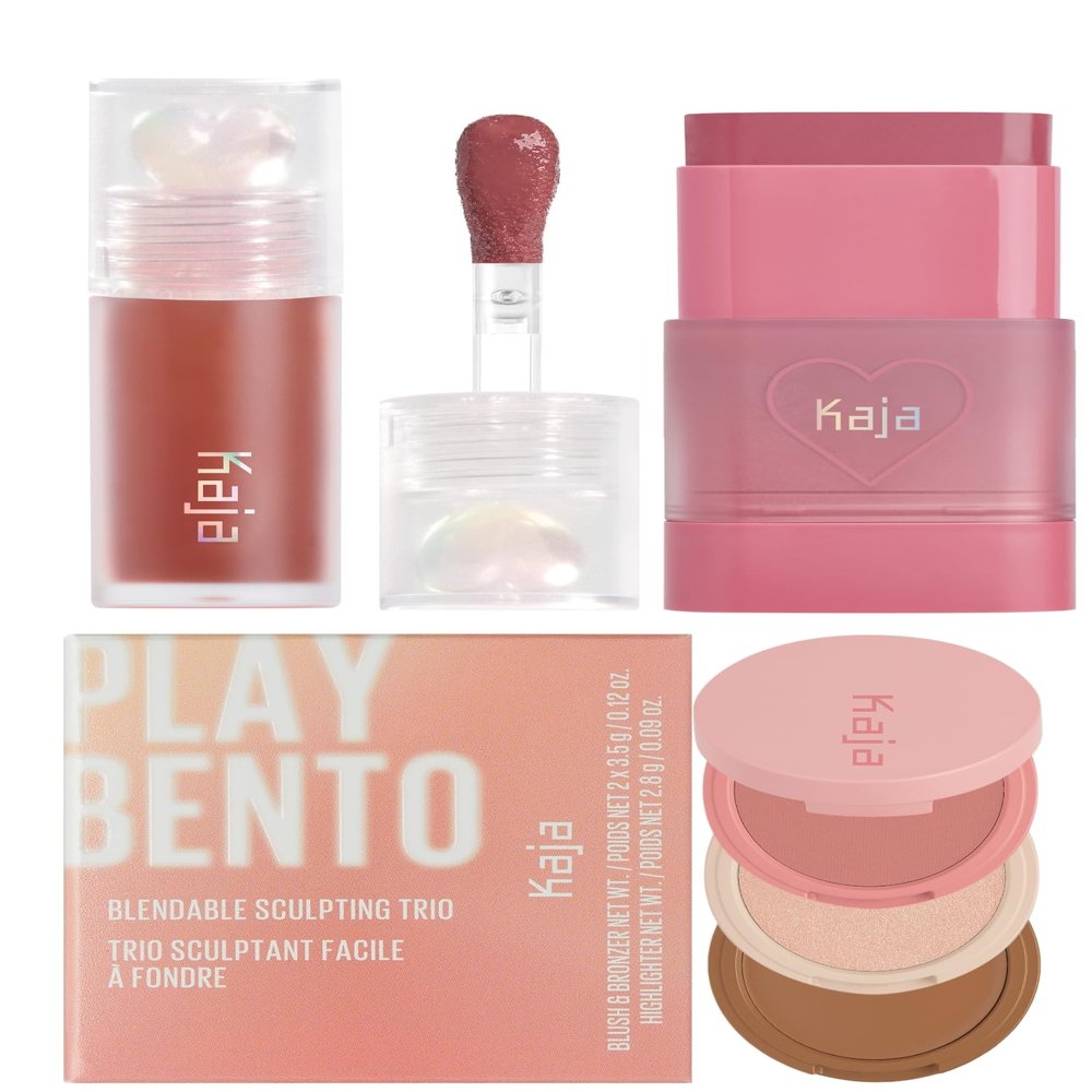 Kaja Juicy Glass Lip Plumping Oil 08 Cherry Cola + Dewy Bar - Creamy Multi-Stick Blusher & Lip Balm 04 Fig Smoothie Sorbet,10g + 3-in-1 Blendable Sculpting Trio - Play Bento 01 Butter Up Bundle