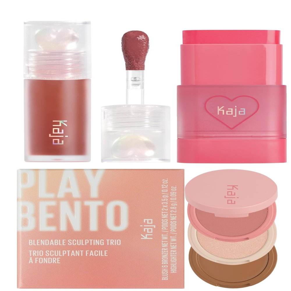 Kaja Juicy Glass Lip Plumping Oil 08 Cherry Cola + Dewy Bar - Creamy Multi-Stick Blusher & Lip Balm 02 Strawberry Sorbet,10g + 3-in-1 Blendable Sculpting Trio - Play Bento 01 Butter Up Bundle