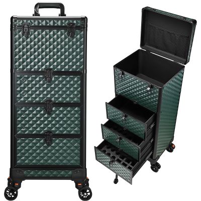 Yueieoun Nail Trolley Cart with 3 Drawers, Salon Station Cosmetology Case on Wheels Rolling Makeup Train Case Nail Case Organizer Beauty Salon Travel Case for Nailart,SPA,Hairstylist,Artist,Dark Green