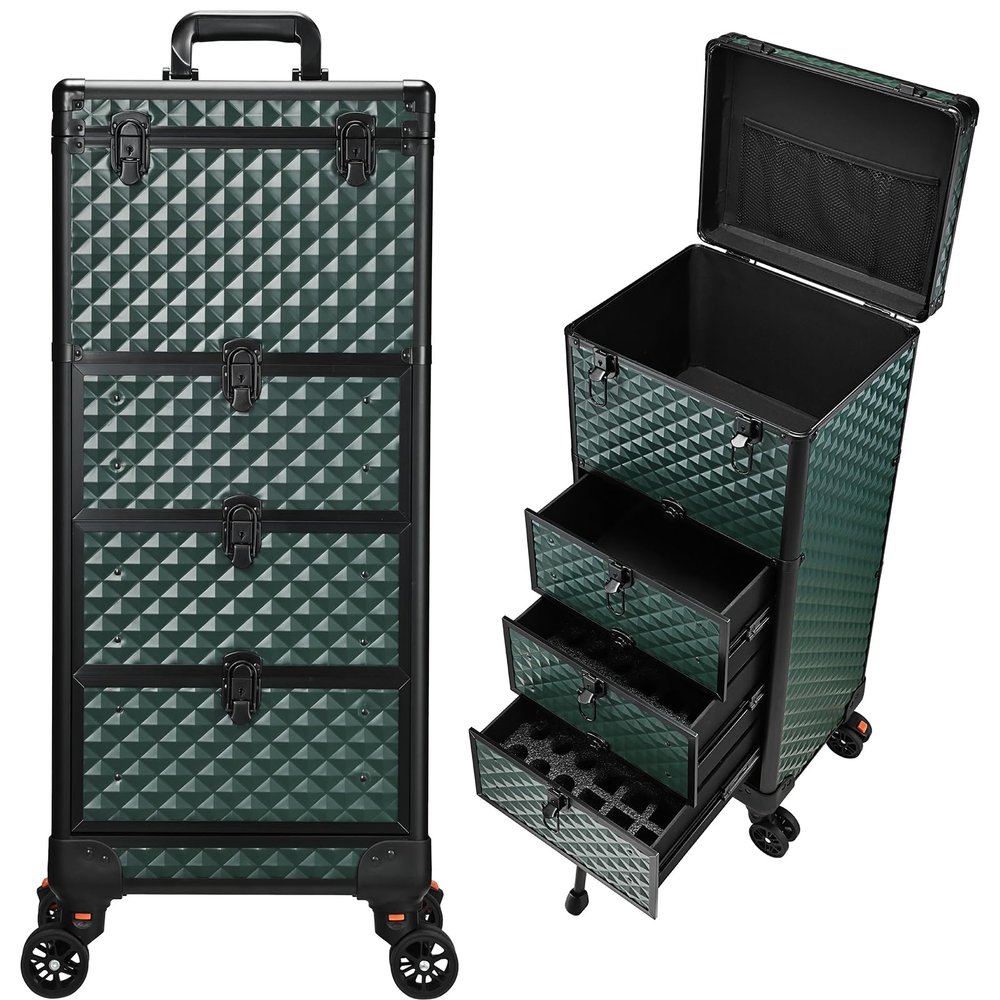 Yueieoun Nail Trolley Cart with 3 Drawers, Salon Station Cosmetology Case on Wheels Rolling Makeup Train Case Nail Case Organizer Beauty Salon Travel Case for Nailart,SPA,Hairstylist,Artist,Dark Green