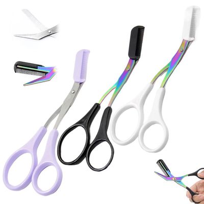 Eyebrow Trimmer Scissor, Upgrade 2 in 1 Eyebrow Scissors with Comb Stainless Steel Professional Eyebrow Trimmer, Eyebrow Cutter Hair Removal Eyebrow Scissors Makeup Tool for Men Women (3Pcs B)