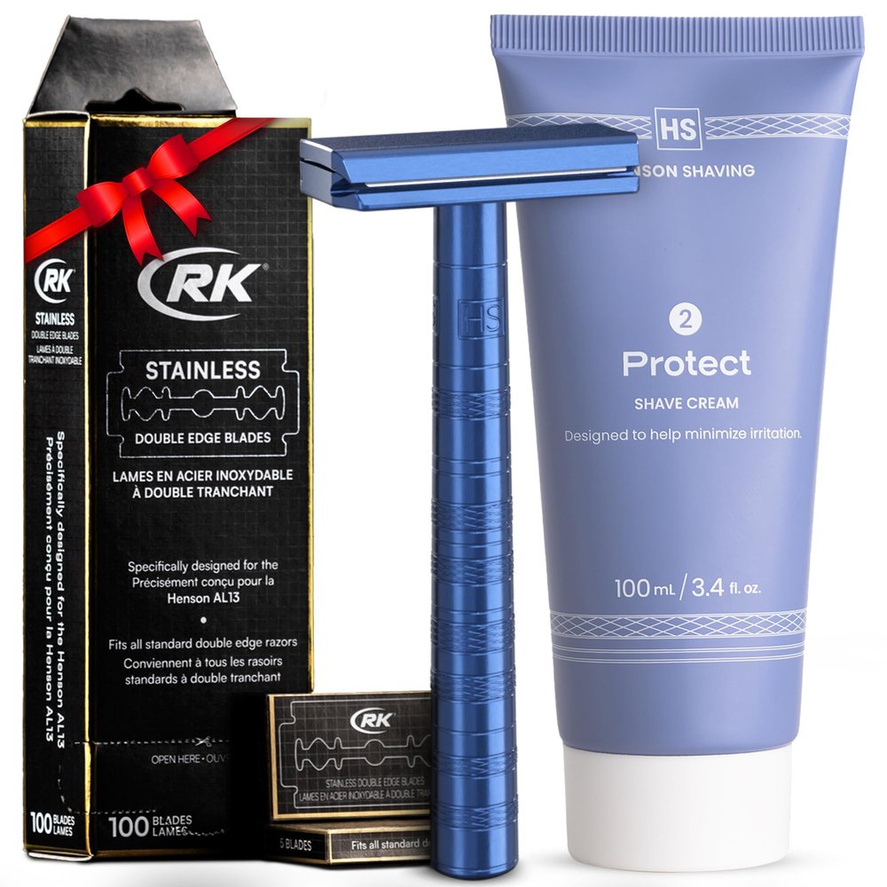 Henson Shaving Razor - Steel Blue Double Edge Safety Razor with 5 Spare Blades, Henson Shave Cream, 100 pack RK Shaving Double Edge Razor Blades
