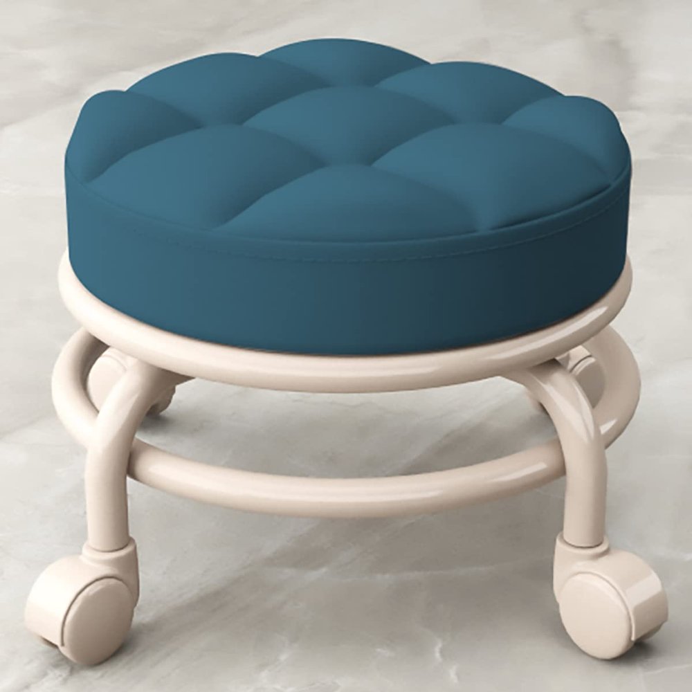 BSNANCA Rolling Stools Low Rolling Stool with Wheels, Leather Low Waterproof Small Stools (Brown) (Orange) (Blue)