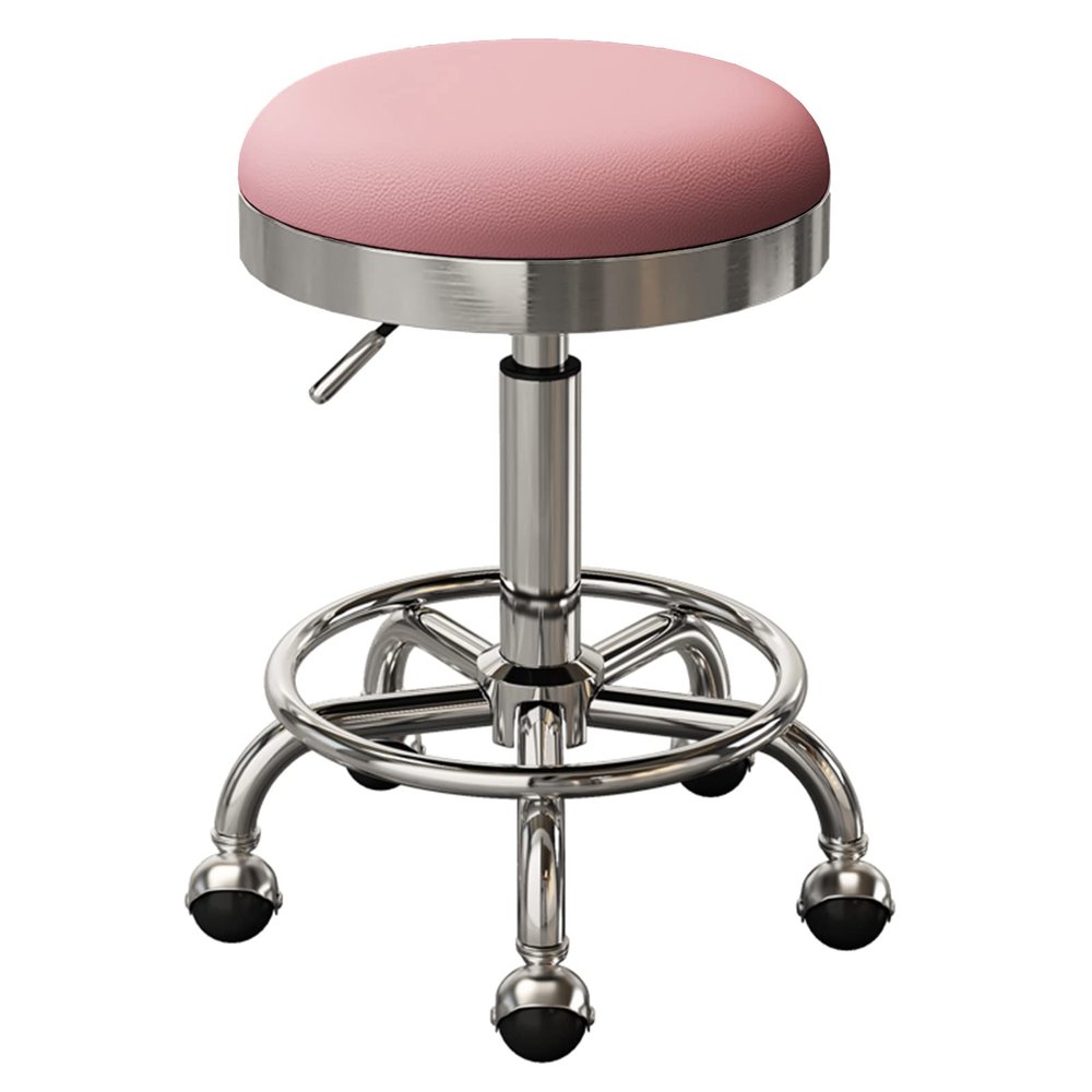 BSNANCA Swivel Round Seat Rolling Chair Beauty Salons Office Bar Stools with Metal Chrome Plated 5 Claws and Earth Wheels, Adjustable 47-64 cm(Color:Black) (Pink) (Pink)