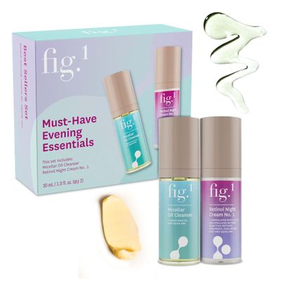 Fig.1 Evening Essentials Skincare Duo, Micellar Oil Cleanser & Retinol Night Cream, Gentle Makeup Remover Cleansing Oil & Anti Aging Night Cream, Deeply Cleanse & Visibly Reduce Wrinkles 2x30ml Minis