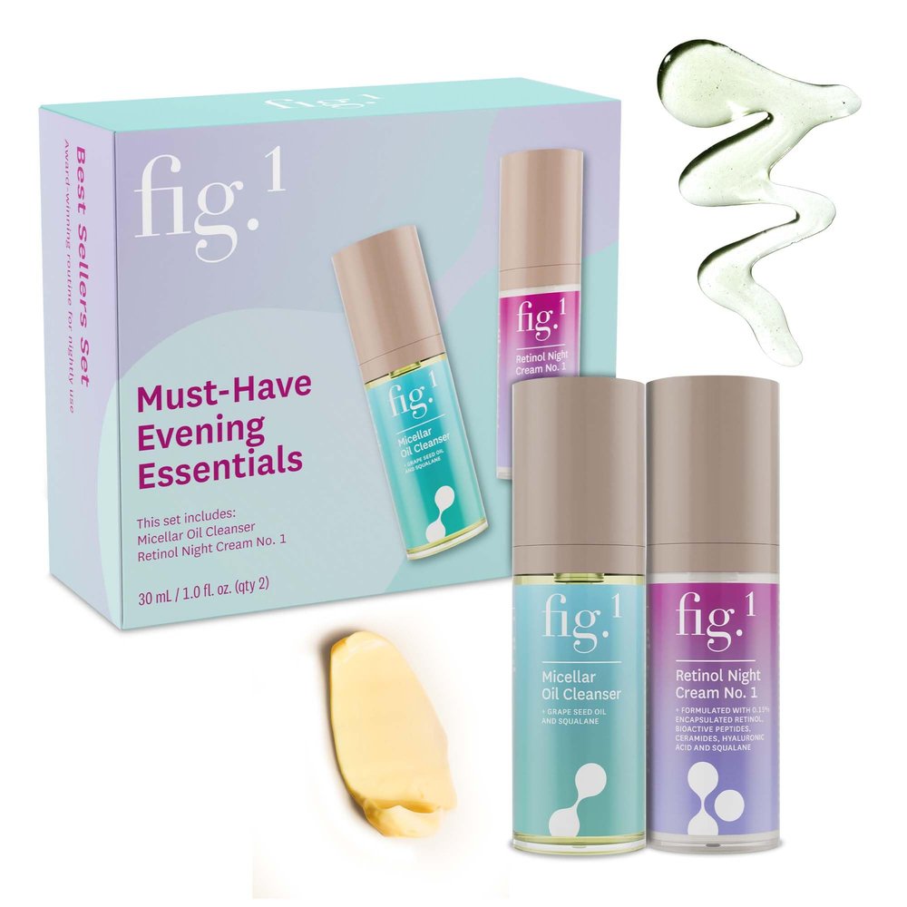 Fig.1 Evening Essentials Skincare Duo, Micellar Oil Cleanser & Retinol Night Cream, Gentle Makeup Remover Cleansing Oil & Anti Aging Night Cream, Deeply Cleanse & Visibly Reduce Wrinkles 2x30ml Minis