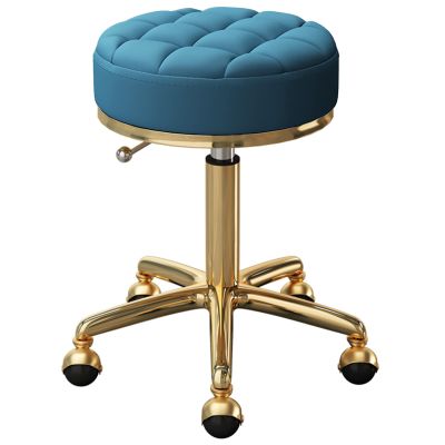 BSNANCA Round Seat Rolling Chair Beauty Salons Office Swivel Bar Stools with Gold Metal Steel 5 Claws and Earth Wheels, Adjustable 47-64 cm(Color:Light Blue) (Light Grey) (Dark Blue)