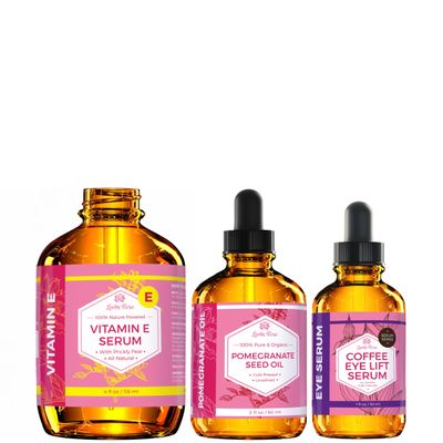 Anti-Aging Power Pack, with Vitamin E Serum, Pomegranate Seed Oil 2oz, Coffee Eye Lift Serum 1oz, for Hair, Skin, and Face