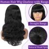 12Inch Body Wave Wigs With Bangs Human Hair For Black Women None Lace Front Wigs 150% Density Brazilian Virgin Hair Glueless Human Hair With Bangs Natural Color Body With Bangs view 3