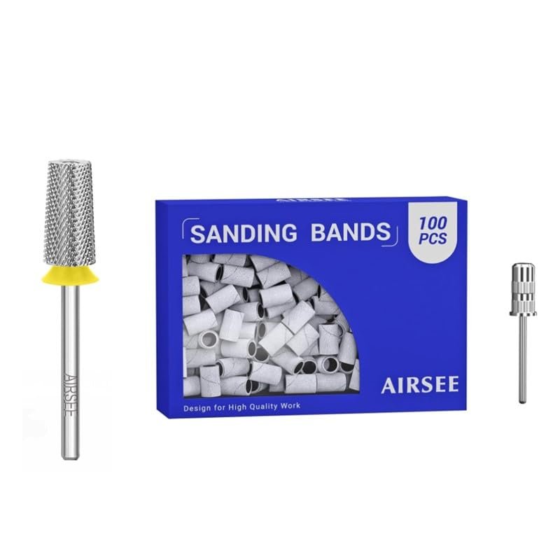 AIRSEE Nail Drill Bit Flat Top Tapered Barrel XF and Sanding Bands for Electric Nail Drill 100 Piece Set 180 Grit