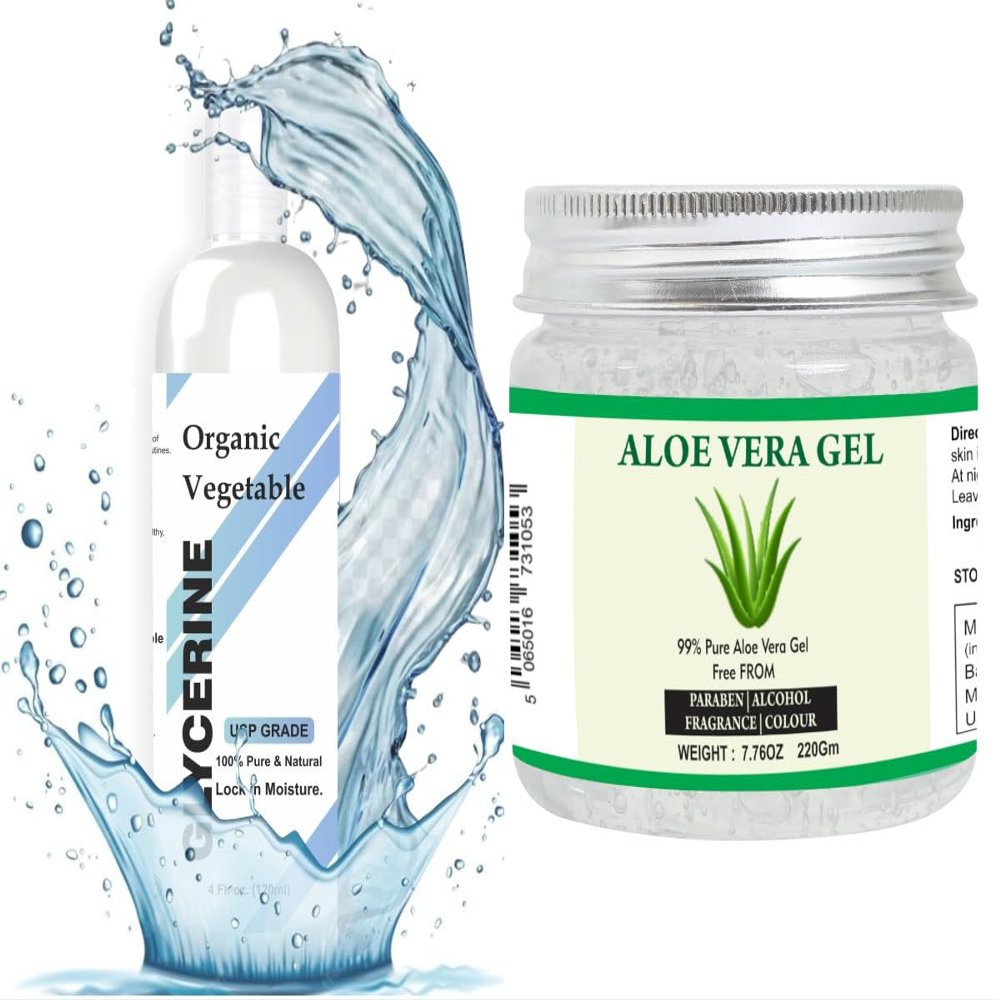 Aloe Vera Gel & Vegetable Glycerine Bundle  100% Pure & Natural | Moisturizing, Hydrating & Soothing for Face, Skin & Hair Care | Non-Sticky Formula | Aloe Vera Gel 7.76 oz + Vegetable Glycerine 4 Fl