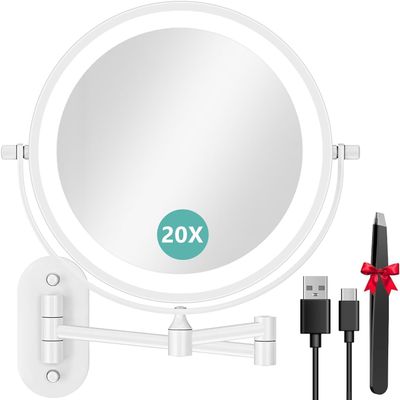 Auxmir 1X/20X Wall Mounted Makeup Mirror with Light, 8" Rechargeable Double-Sided Magnifying Mirror, Vanity Mirror Dimmable 3 Color Light, 360 Extension Rotation Foldable 14.5 Inch Arm for Bathroom