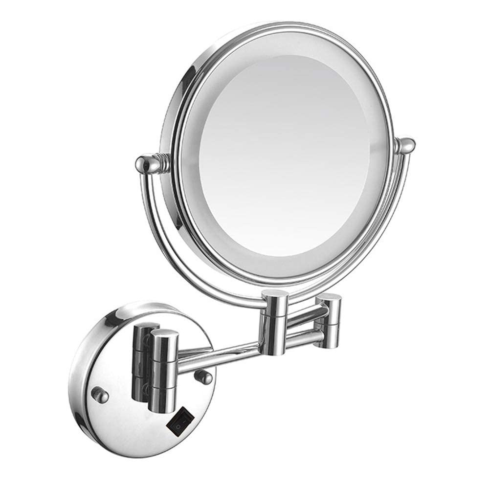 8 in Round LED Lighted Wall Mount Makeup Mirror Wall-Mounted Bathroom Mirror with Lights and 3X Magnification, Lighted Wall Mount Mirror Double Sided Swivel Extendable,Nickel,Charging(Chrome,Charging)