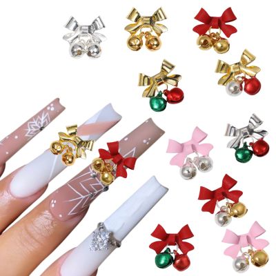 10Pcs Christmas Bell Nail Rhinestones - Gold, Silver, Red, Pink Alloy Bow Colorful Crystal Small Bells for Nails - Xmas Nail Charms Art - Diamond Nail Gems for Women