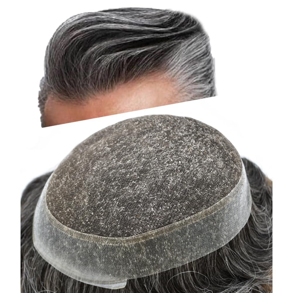 Toupee For Men Hair Replacement System Swiss Lace Hair Pieces For Men Real Human Hair Mens Toupee Natural Hairline 7x9 90% light density#1B30 1B# OFF BLACK+30% GREY