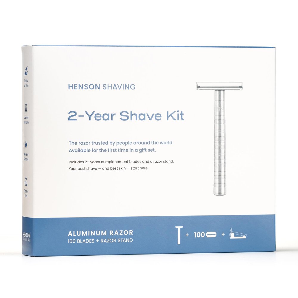 Henson AL13 Safety Razor Shave Set Includes Safety Razor, Stand & 100 Razor Blades Gentle, Precision Shaving Kit for Men & Women Aluminum Double Edge Razor for Smooth, Irritation-Free Shaves