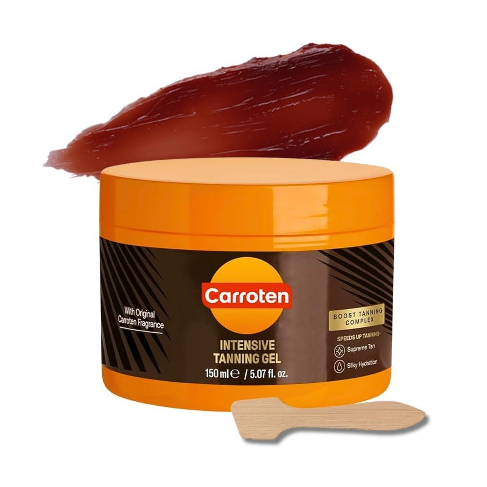 Carroten Intensive Tanning Gel | Browning Tan Accelerator | Non-Greasy, Water-Resistant with Carrot & Coconut Oil | Vitamin A & E For Moisture & Hydration | 5 Fl Oz + Spatula
