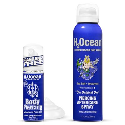 H2Ocean Patented Piercing Aftercare Spray Sea Salt Saline 4oz + Body Piercing Foam Soap Sea Salt Piercing Aftercare 1.7oz