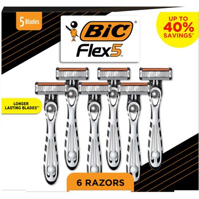 BIC Flex 5 Disposable Men's Razors, Precision Edging Blade & Ergonomic Anti-Slip Grip, Great Stocking Stuffer for Him, 6 Count