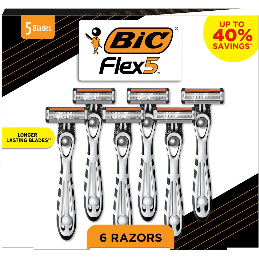 BIC Flex 5 Disposable Men's Razors, Precision Edging Blade & Ergonomic Anti-Slip Grip, Great Stocking Stuffer for Him, 6 Count