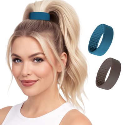 2 Medium PONY-O bendable Hair Ties, Ponytail Holders: for Fine to Normal or slightly Thick Hair-(Brown & Sapphire)