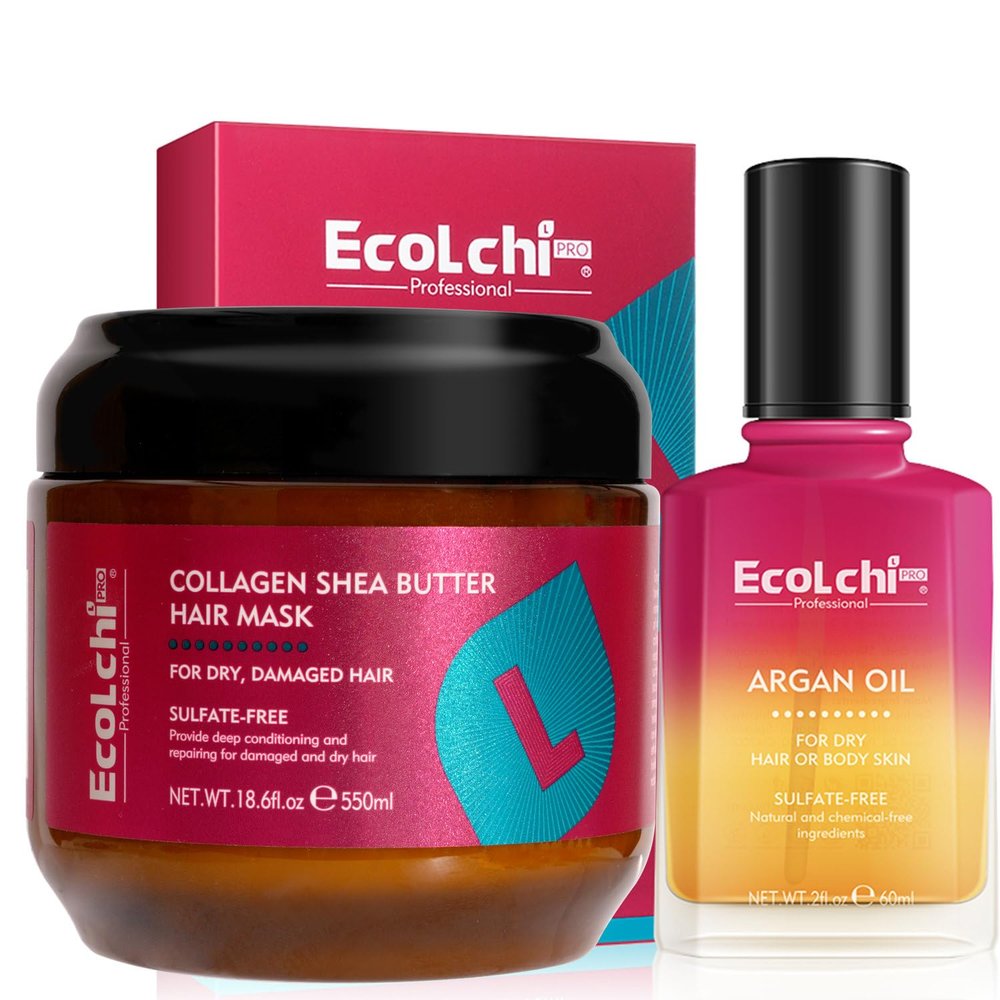 ECOLCHIPRO Ecolchi Hair Mask Argan Oil Set Deep Repair Conditioning Collagen Hair Treatment for Dry and Damaged Hair All Hair Types 550ml+60ml 18.6floz + 2floz