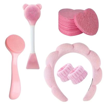 25pcs Facial Cleaning Set, Including Facial Hair Band Wrist Strap, Silicone Facial Scrub Brush, Facial mask Brush, Heart-Shaped Sponge Facial Cleanser, Pink