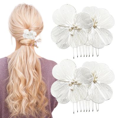 2 PACK Metal Flower Hair Combs, Flower Metal Hair Side Combs, Silver Hair Clip Headpiece Hair Combs, Women's Decorative Petal-Shape Silhouette Flower Hair Clips, for Bride, Party, Prom(Silver Color)