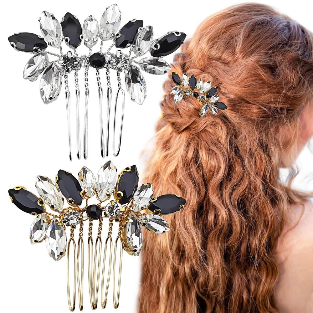2 PACK Small Crystal Hair Accessories, Bride Wedding Hair Combs, Gold Black White Rhinestone Silver Hair Comb Pins Pieces, for Women's Wedding Party