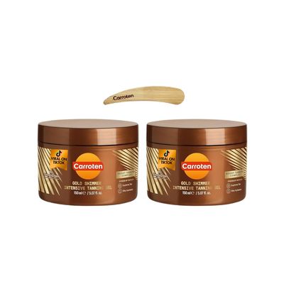 Carroten Gold Shimmer Tanning Gel | Browning Indoor/Outdoor Tan Accelerator | Non-Greasy, Water-Resistant with Carrot & Coconut Oil | Vitamin A & E For Moisture & Hydration | 5 oz (2 Pack) + Spatula