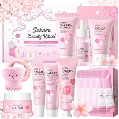 29Pcs Sakura Skincare Set, Skincare for Girls 10-12, Complete Skincare Routine for Clean, Soft and Hydrated Skin, Ideal Gift for Teen Girls