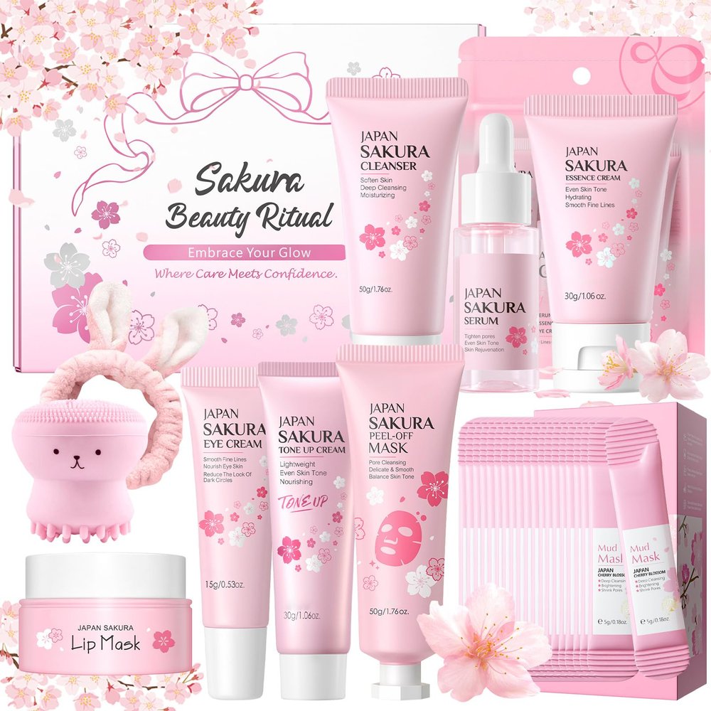 29Pcs Sakura Skincare Set, Skincare for Girls 10-12, Complete Skincare Routine for Clean, Soft and Hydrated Skin, Ideal Gift for Teen Girls