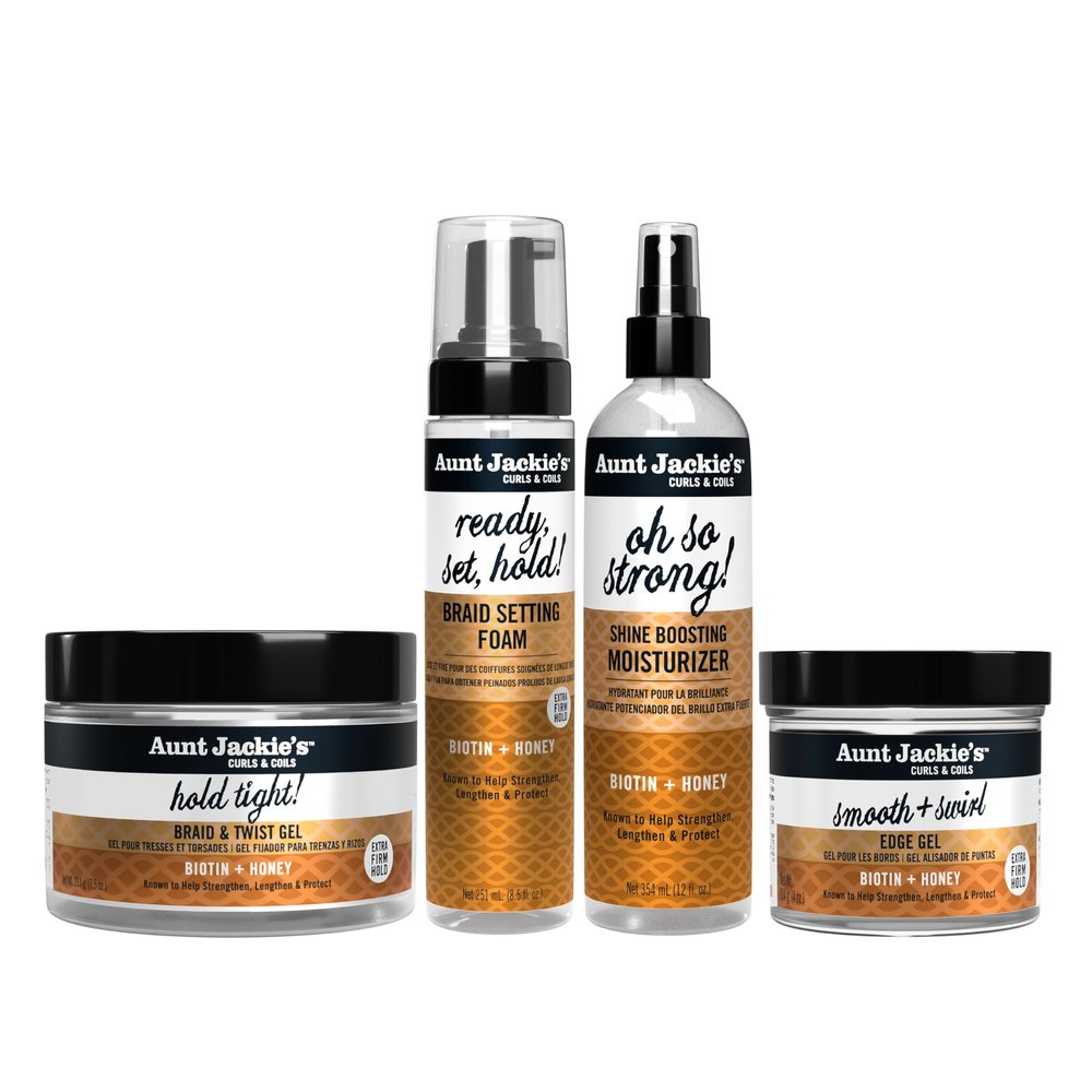 Aunt Jackie's Braid & Twist Collection Biotin & Honey Bundle Strengthen, Lengthen & Protect Braids, Locs, Twists and Natural Styles (4 Products)