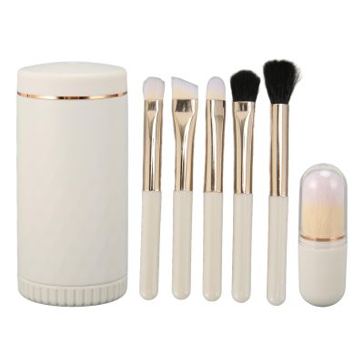 6 Pieces Makeup Brush Set Portable Synthetic Brushes Set with Storage Bucket, Mirror Lid, Travel Makeup Brush Set for Makeup Beginners (White)